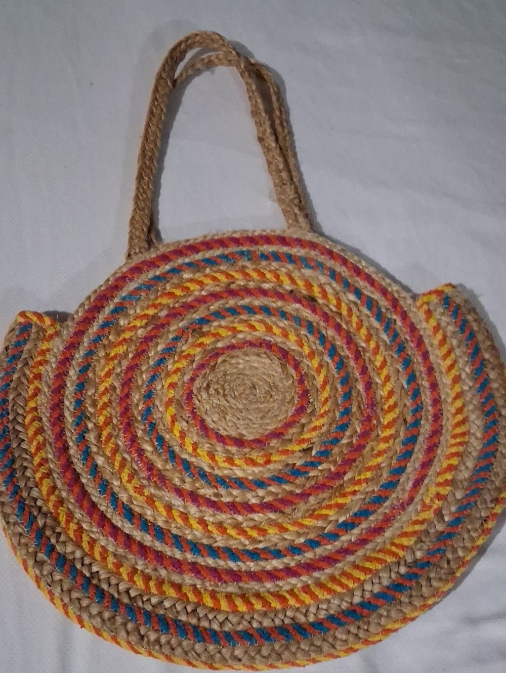 Source Unknown Round Straw Tote with Yellow, Blue and Pink Accents